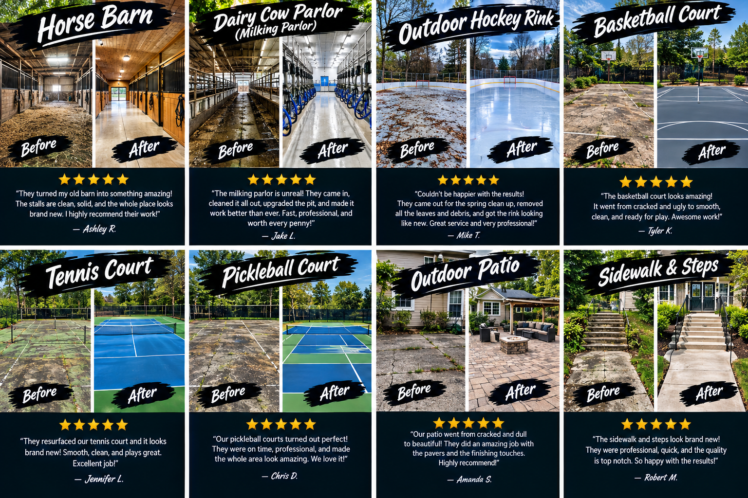 Before and after cleaning results with 5-star customer reviews for a horse barn, dairy cow parlor, outdoor hockey rink, basketball court, tennis court, pickleball court, outdoor patio, and sidewalk & steps.